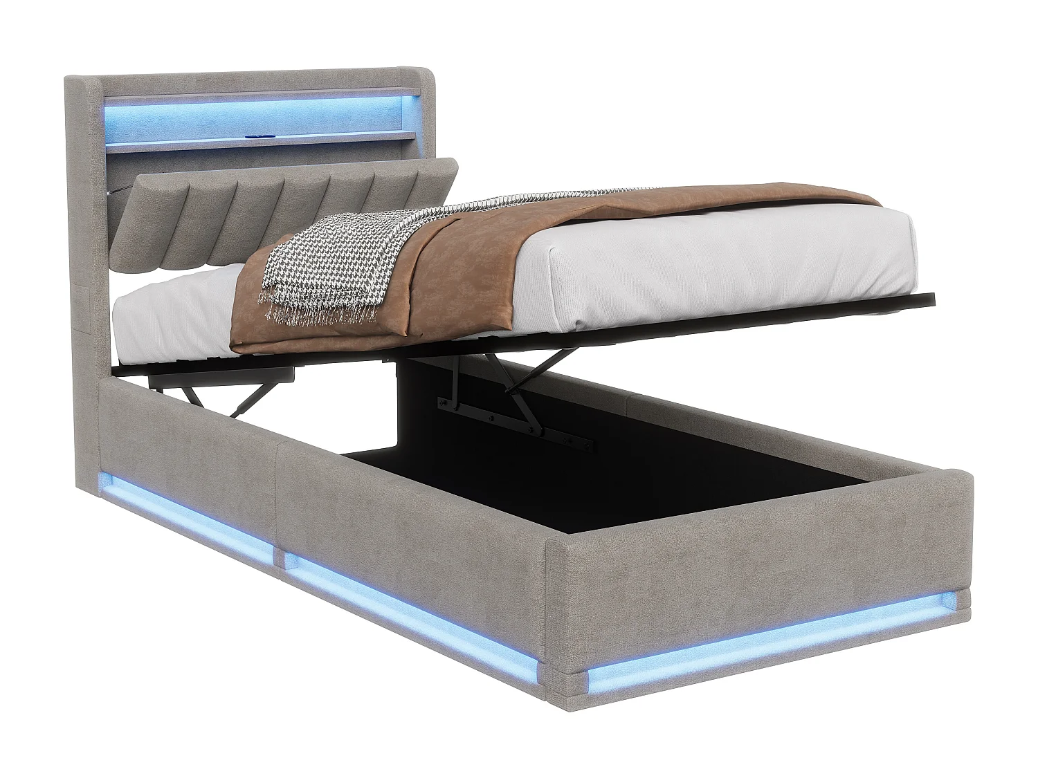 Cama de casal com arrumação, cabeceira e iluminação LED, 90 x 200 cm, com cabeceira e espaço de armazenamento, em veludo, cor cinza.
