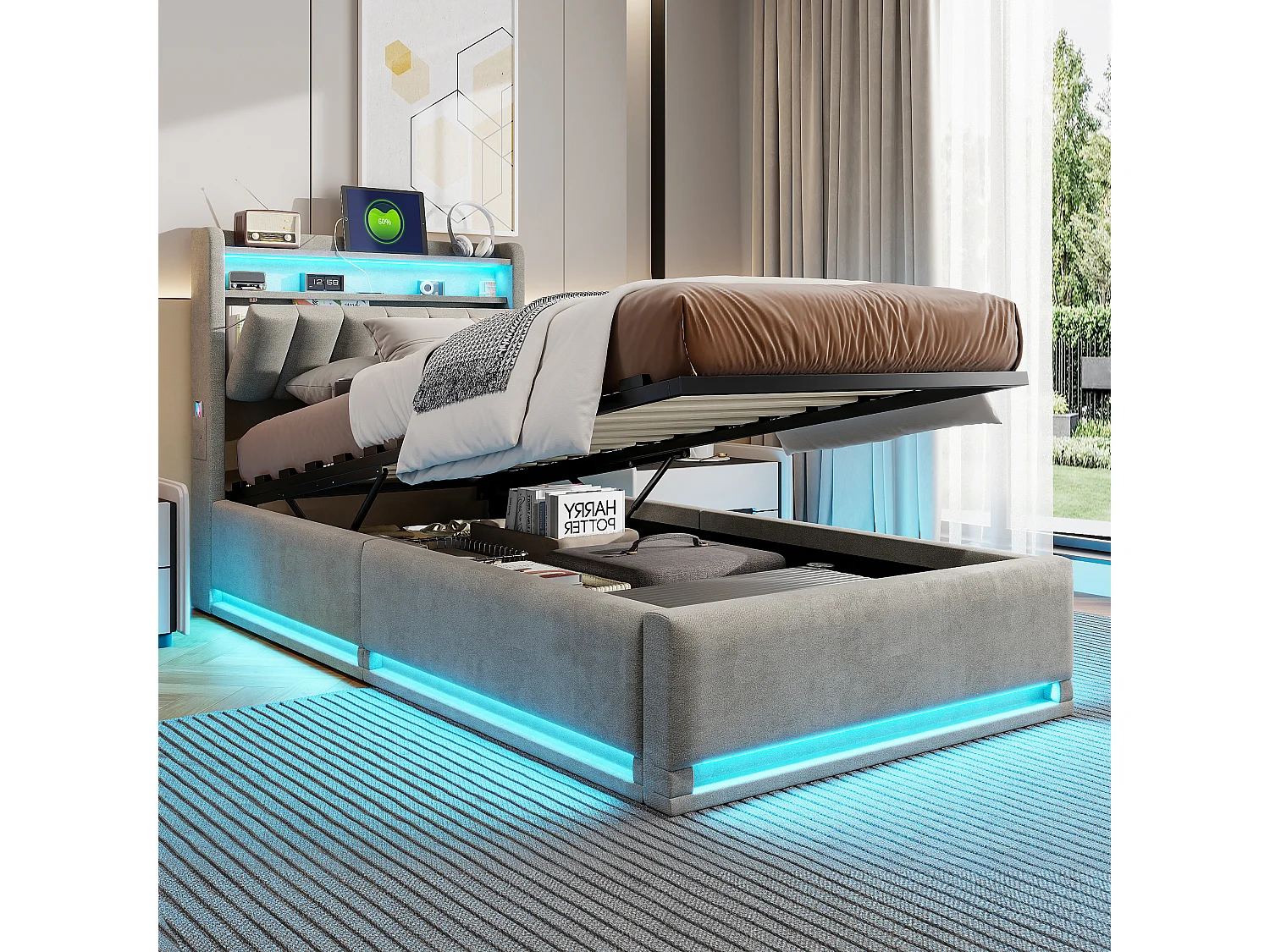Cama de casal com arrumação, cabeceira e iluminação LED, 90 x 200 cm, com cabeceira e espaço de armazenamento, em veludo, cor cinza.