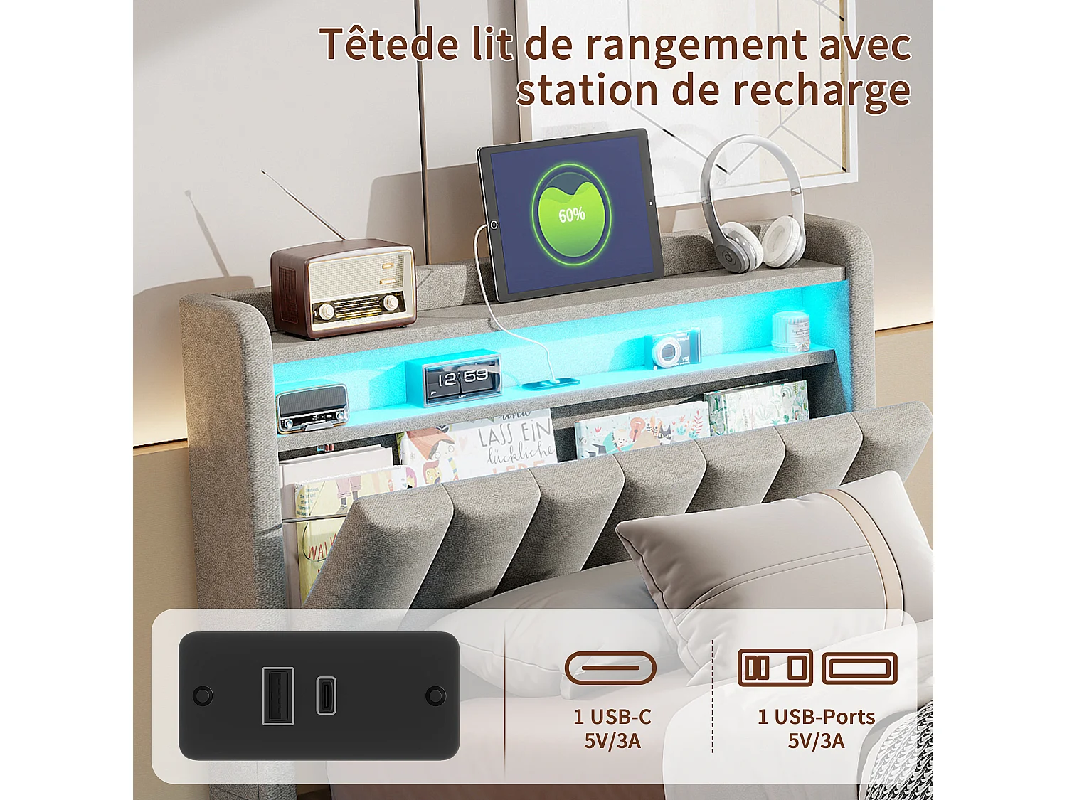 Cama de casal com arrumação, cabeceira e iluminação LED, 90 x 200 cm, com cabeceira e espaço de armazenamento, em veludo, cor cinza.