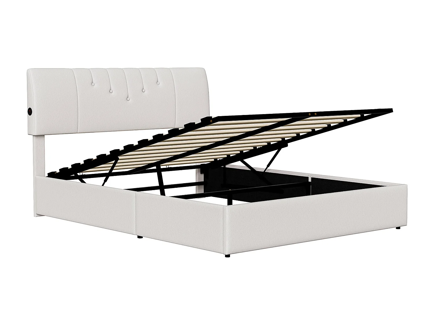 Lit à sommier tapissier, 140 x 190 cm, avec sommier à lattes et espace de rangement, crème