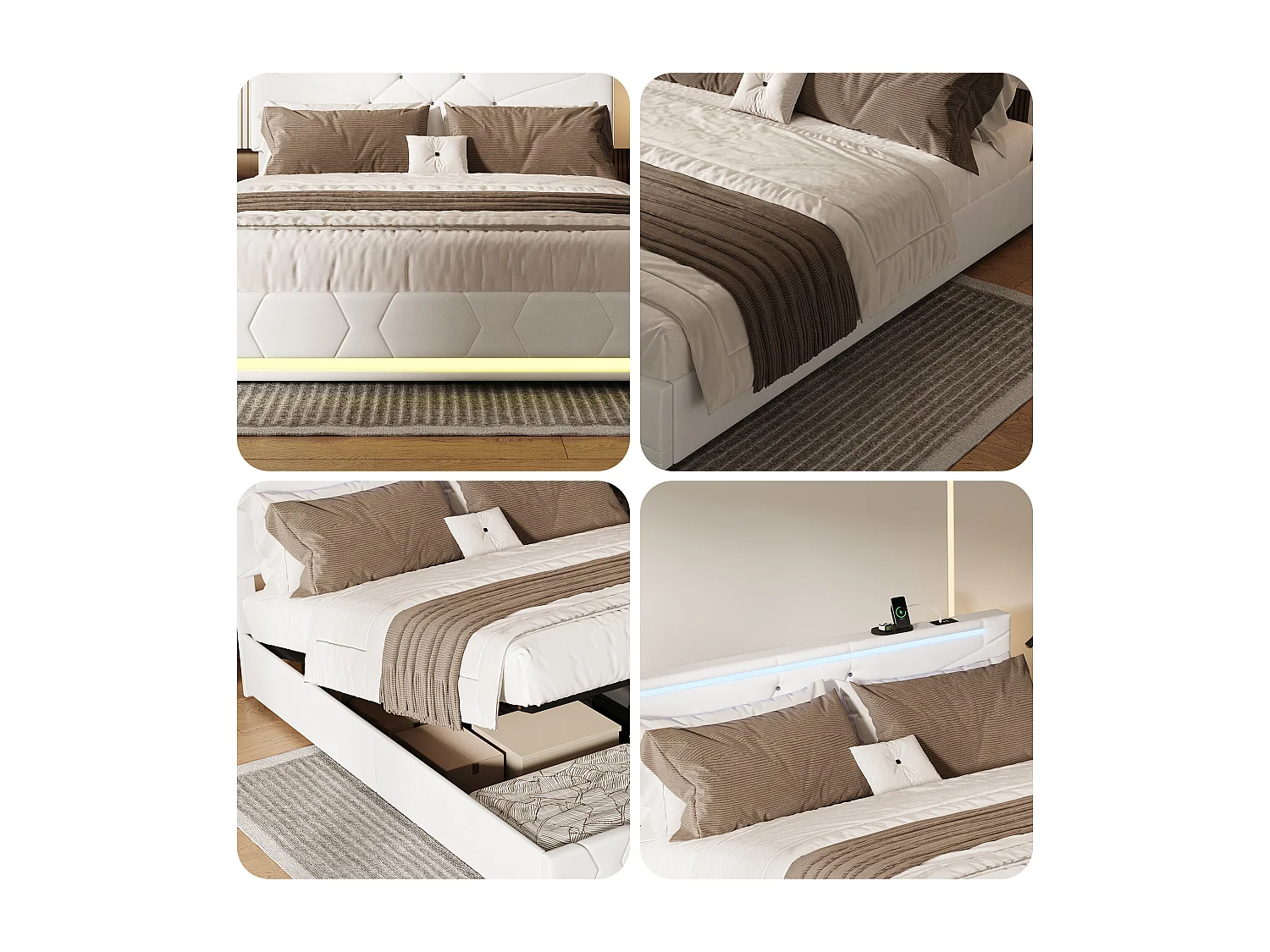 Lit Coffre 160 x 200 cm avec Sommier à Lattes, Lit Double Rembourré avec LED et USB, Lin, Beige