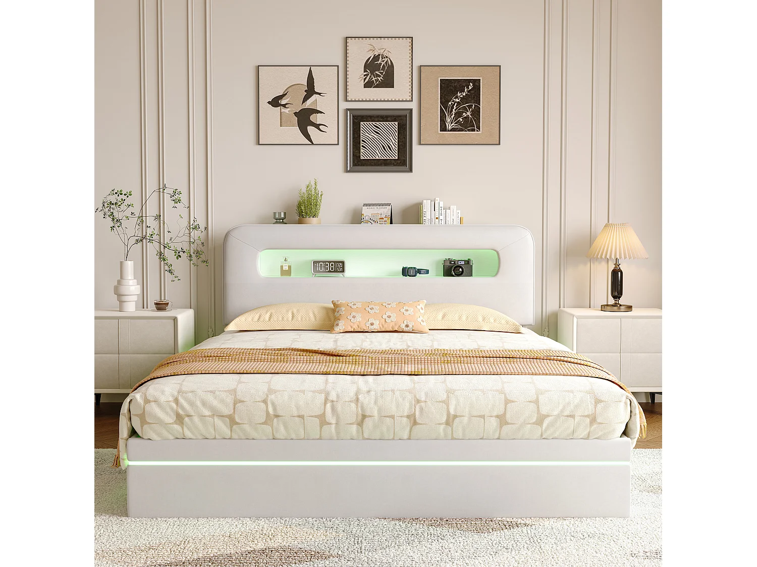 Cama con almacenaje de 160x200 cm con cabecero, iluminación LED y apertura hidráulica, tapizada en terciopelo beige.