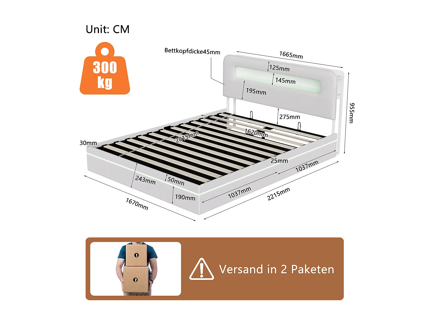 Cama con almacenaje de 160x200 cm con cabecero, iluminación LED y apertura hidráulica, tapizada en terciopelo beige.