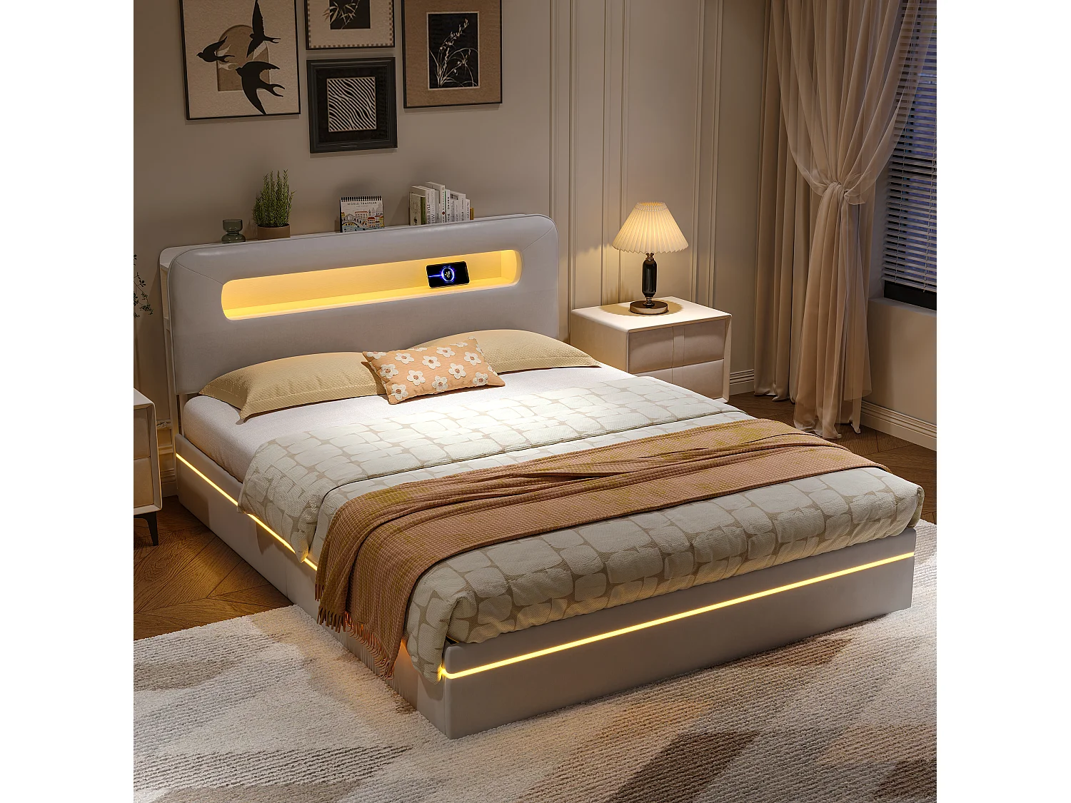 Cama con almacenaje de 160x200 cm con cabecero, iluminación LED y apertura hidráulica, tapizada en terciopelo beige.
