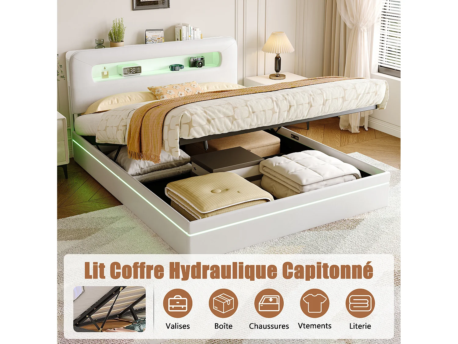 Cama con almacenaje de 160x200 cm con cabecero, iluminación LED y apertura hidráulica, tapizada en terciopelo beige.