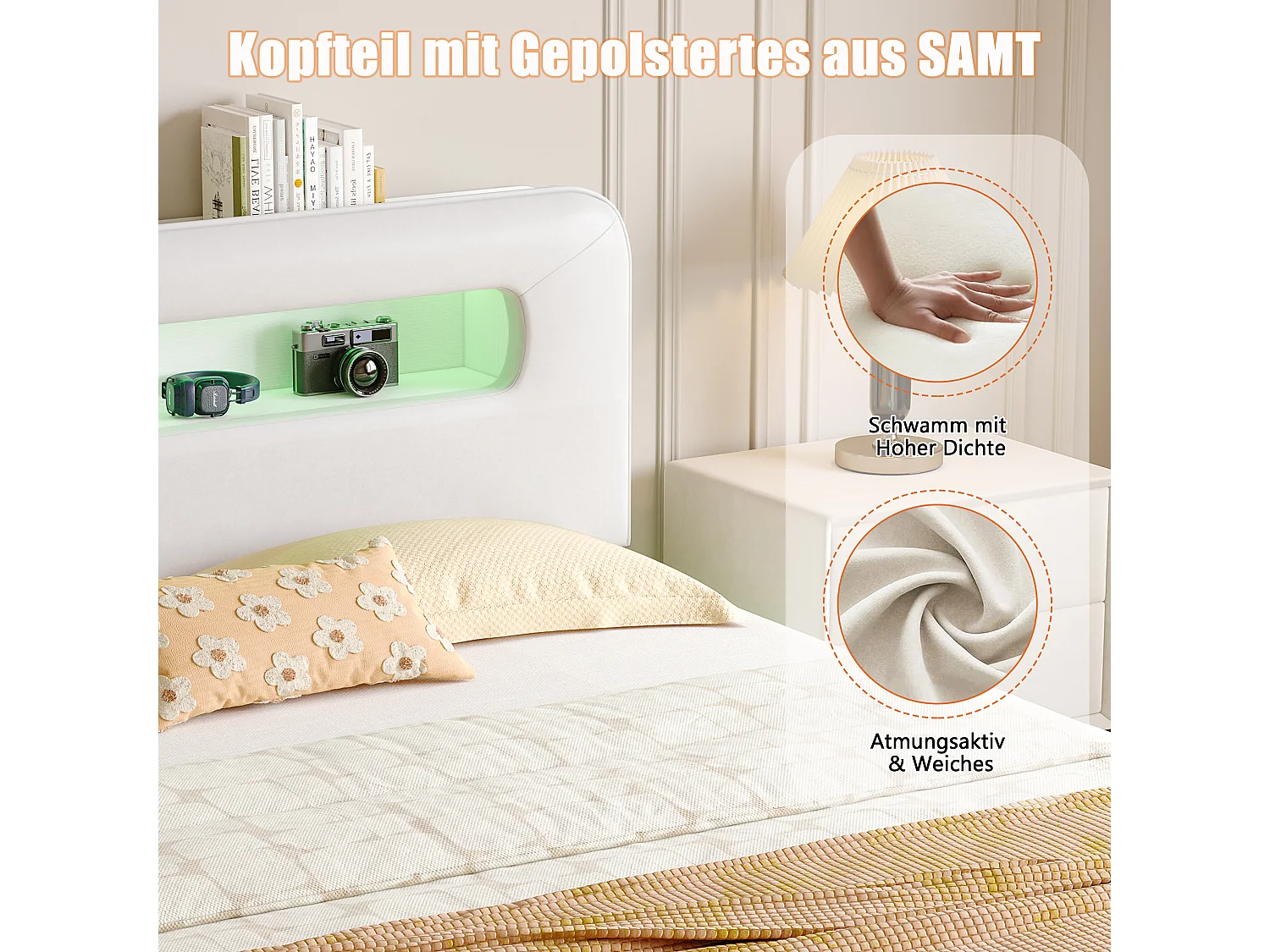 Cama con almacenaje de 160x200 cm con cabecero, iluminación LED y apertura hidráulica, tapizada en terciopelo beige.