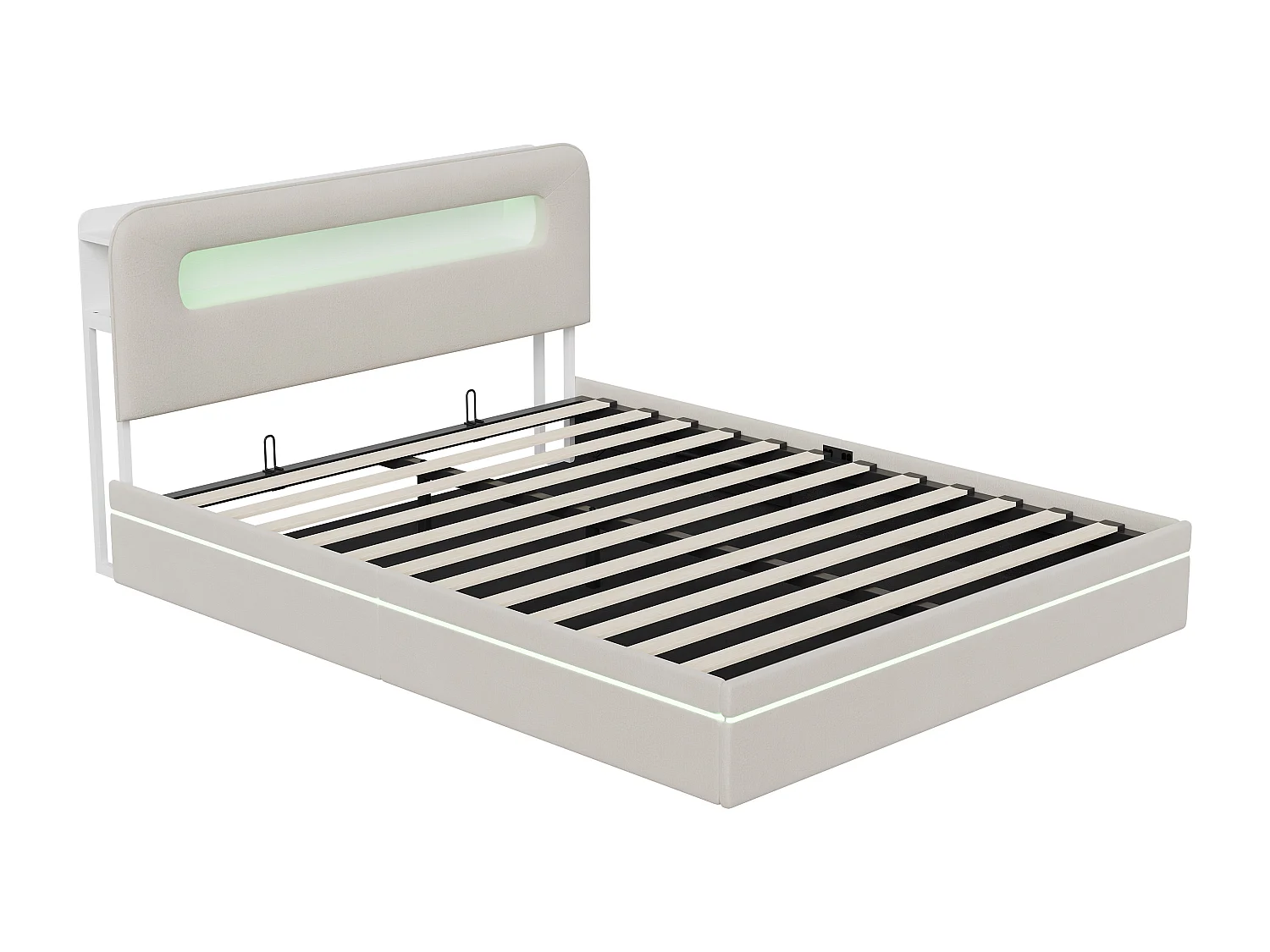 Cama con almacenaje de 160x200 cm con cabecero, iluminación LED y apertura hidráulica, tapizada en terciopelo beige.