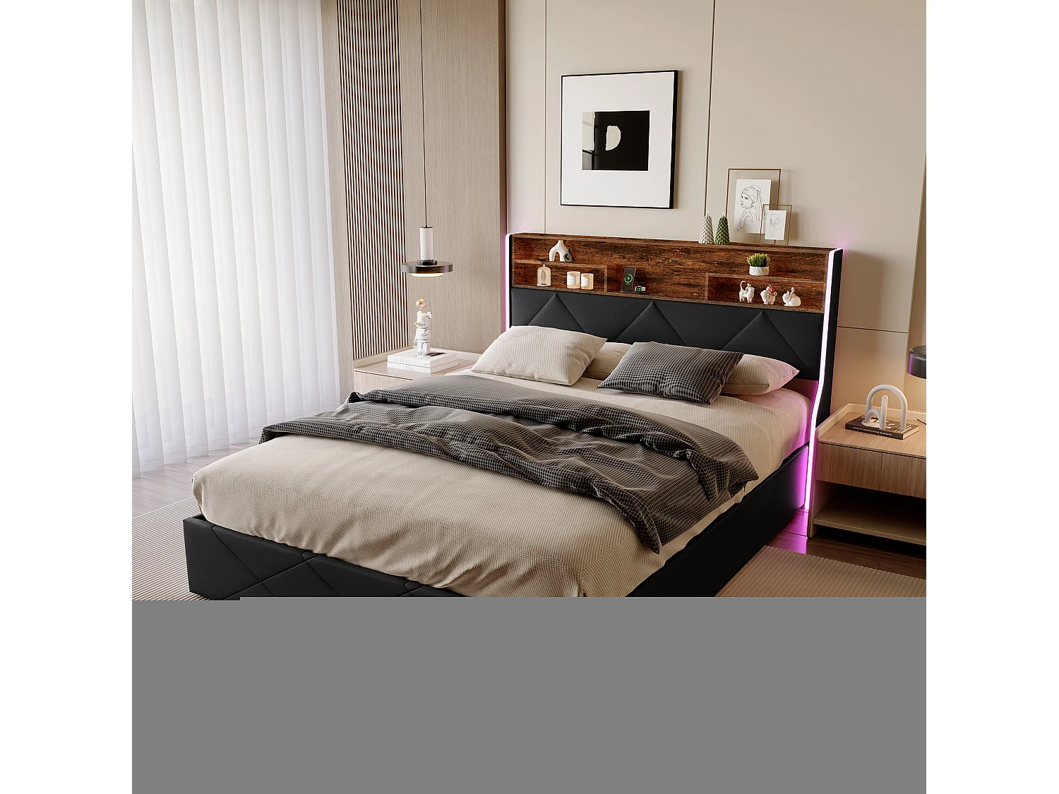 Letto contenitore 140x200cm con LED e porte USB, con contenitore e testiera, con rete a doghe, PU, Nero