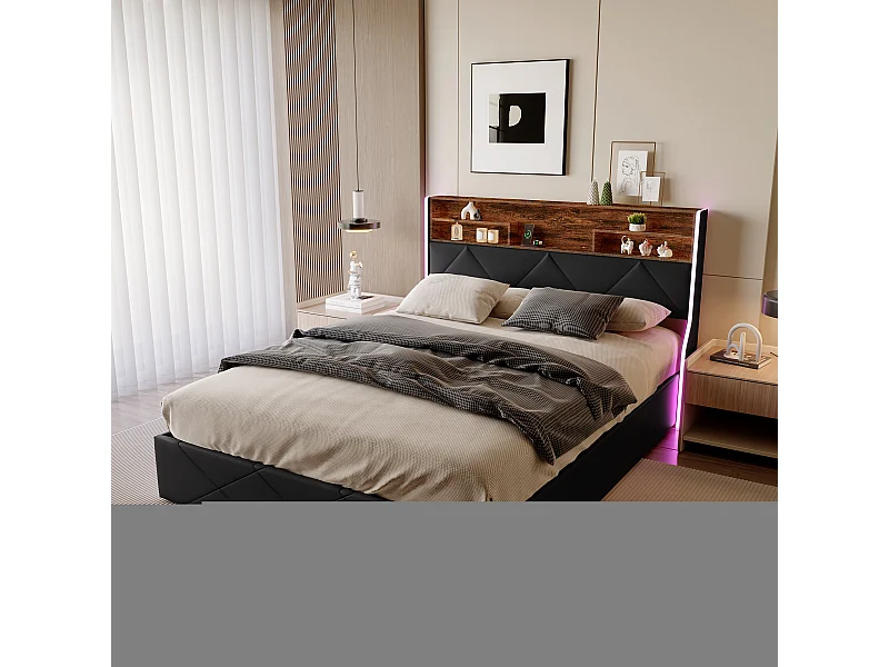 Letto contenitore 140x200cm con LED e porte USB, con contenitore e testiera, con rete a doghe, PU, Nero