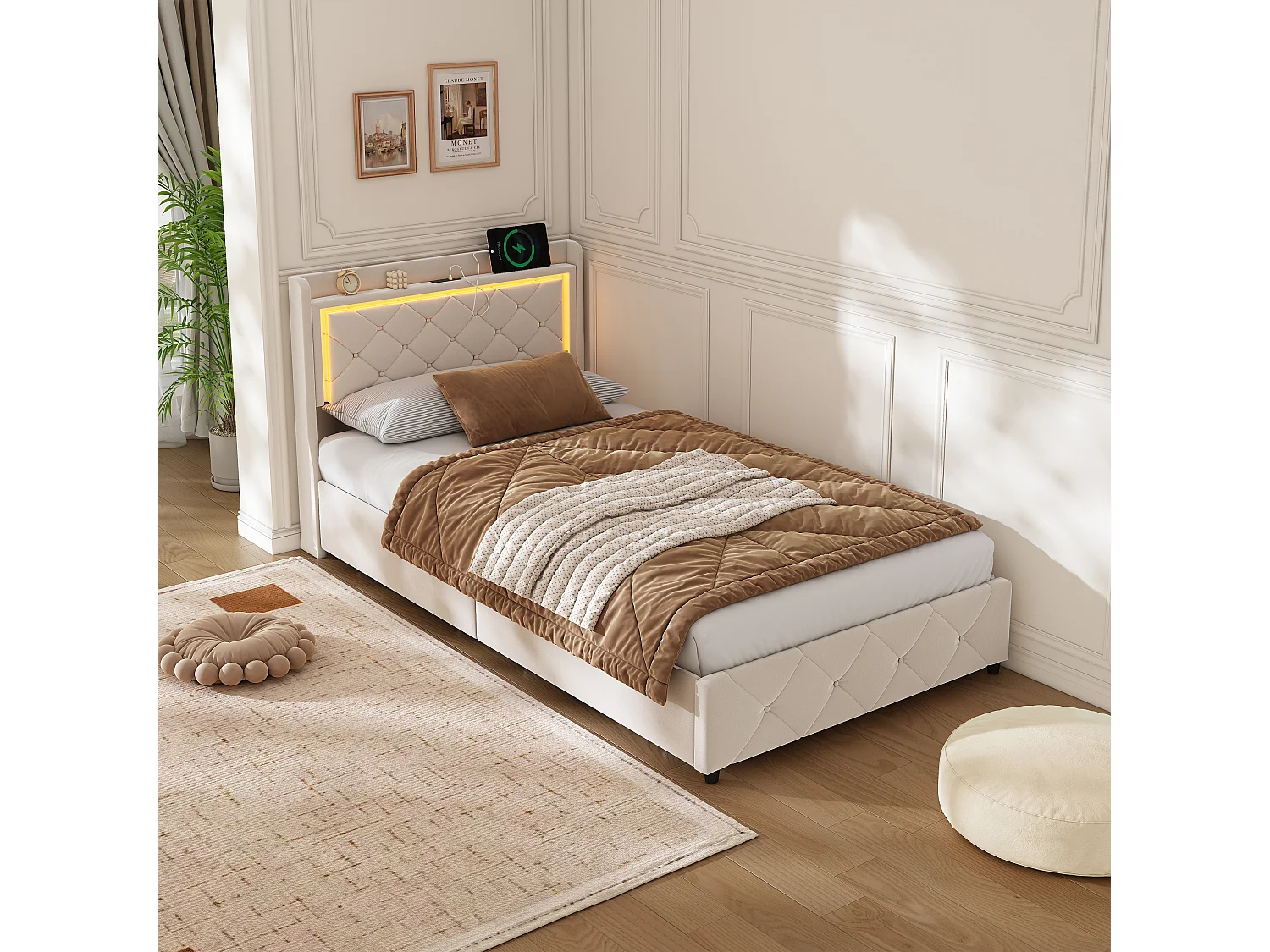 Opbergbed 90 x 200 cm met LED en USB, 2 lades en lattenbodem, fluweel, beige
