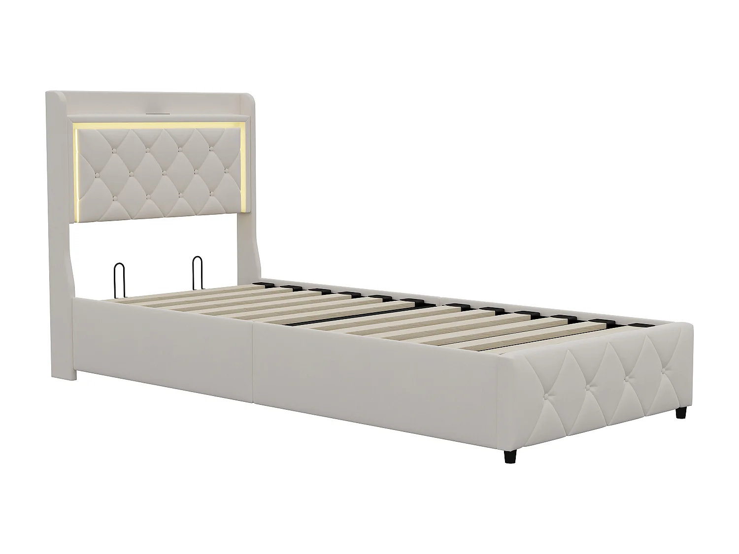 Opbergbed 90 x 200 cm met LED en USB, 2 lades en lattenbodem, fluweel, beige