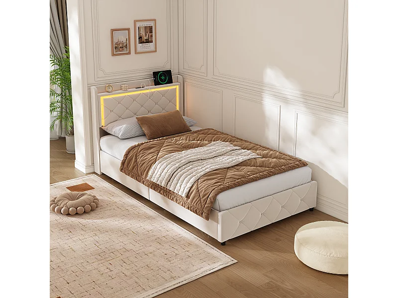 Opbergbed 90 x 200 cm met LED en USB, 2 lades en lattenbodem, fluweel, beige