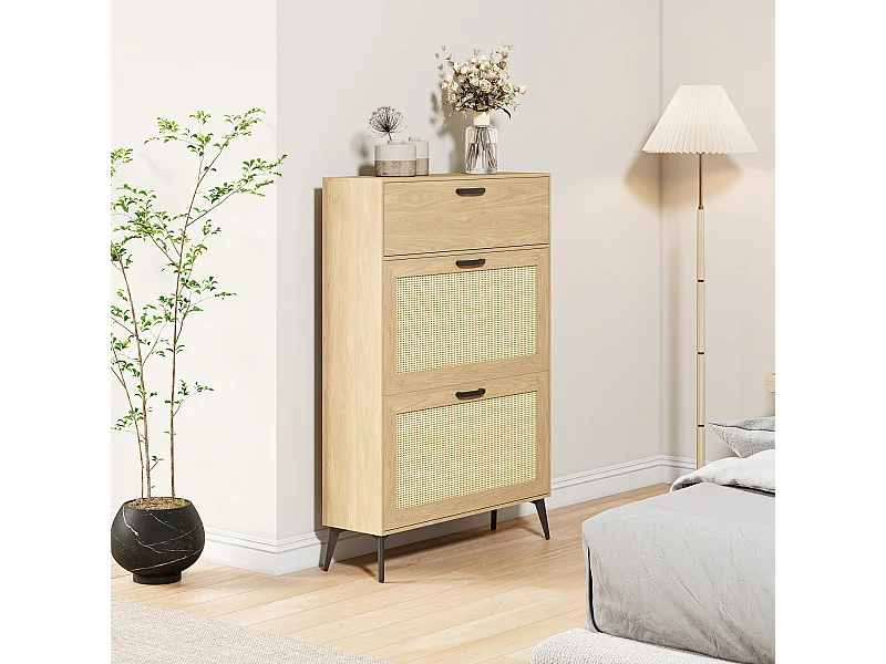 Schoenenkast, 80 x 23 x 114 cm, rotan schoenenkast, hal opbergmeubel, hout