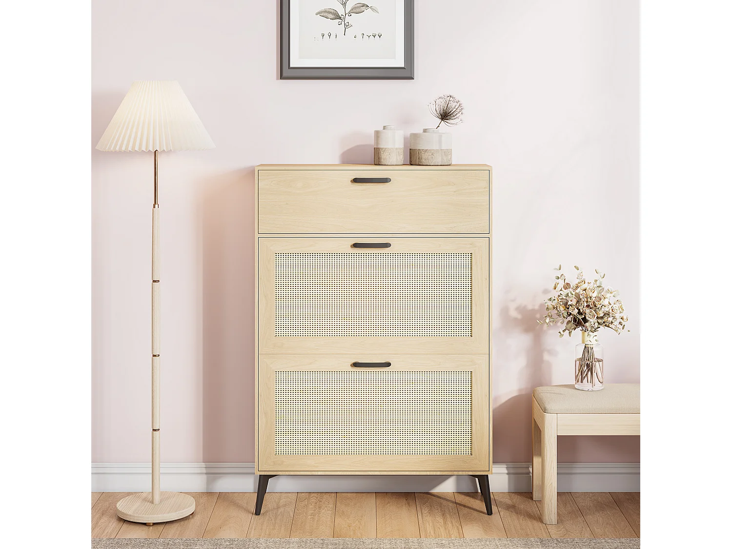 Scarpiera, 80 x 23 x 114 cm, Scarpiera in rattan, Mobiletto portaoggetti per ingresso, Legno