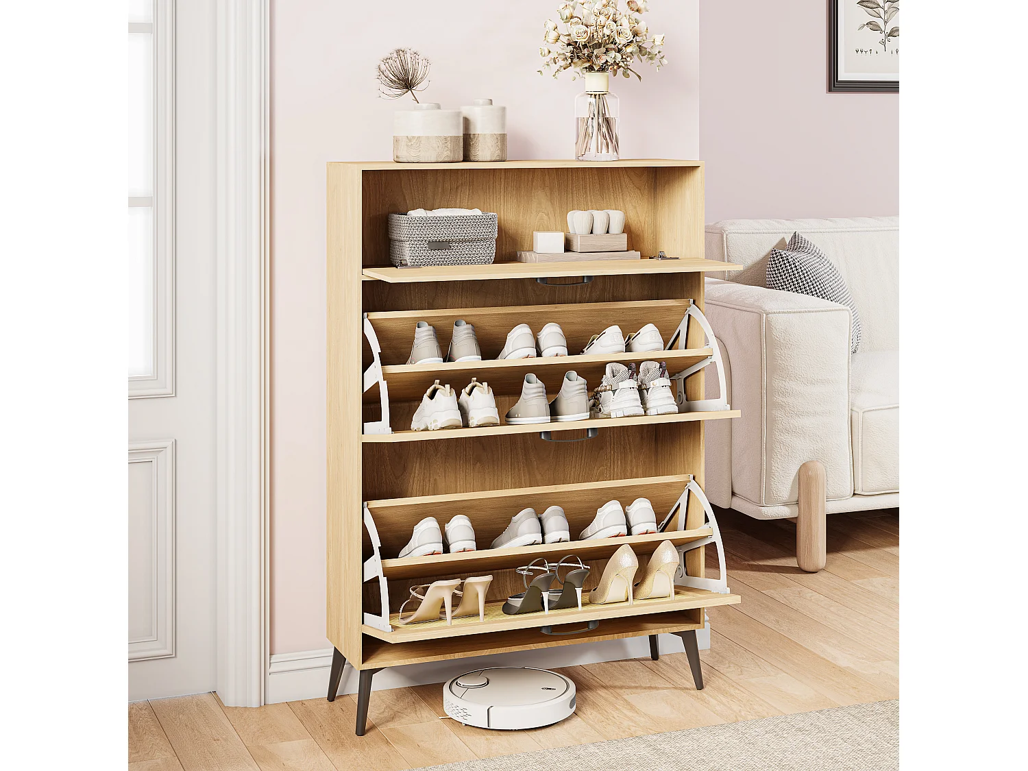 Scarpiera, 80 x 23 x 114 cm, Scarpiera in rattan, Mobiletto portaoggetti per ingresso, Legno