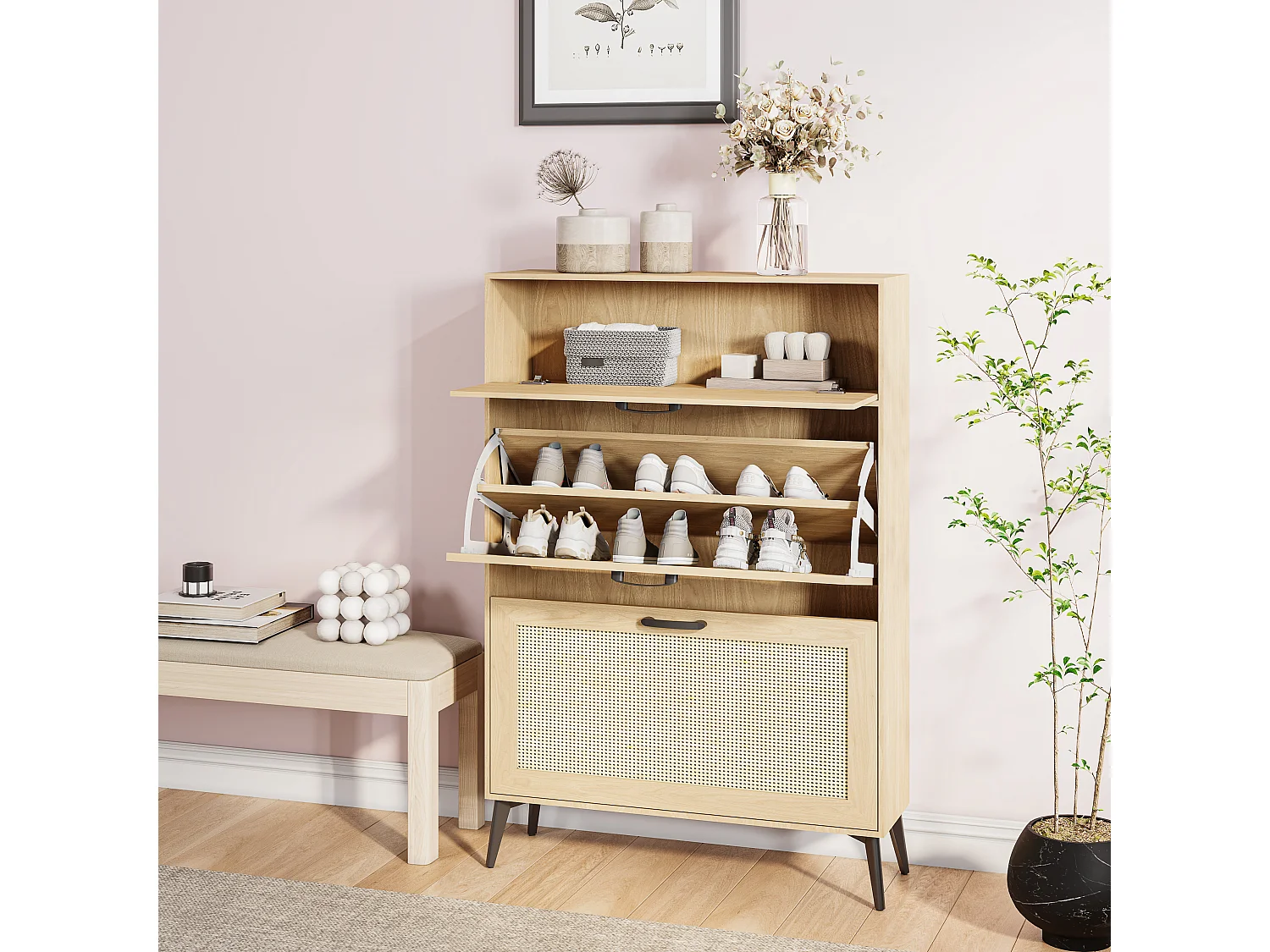 Scarpiera, 80 x 23 x 114 cm, Scarpiera in rattan, Mobiletto portaoggetti per ingresso, Legno