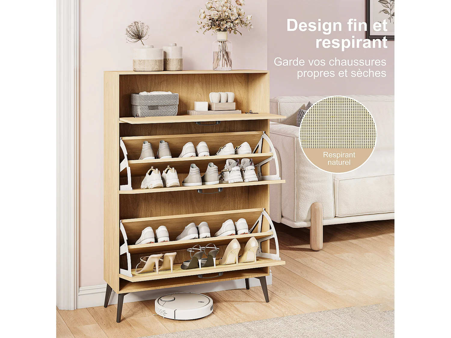 Meuble à Chaussures, 80 x 23 x 114 cm, Armoire à Chaussures en rotin, Meuble d'entrée Rangement,Bois