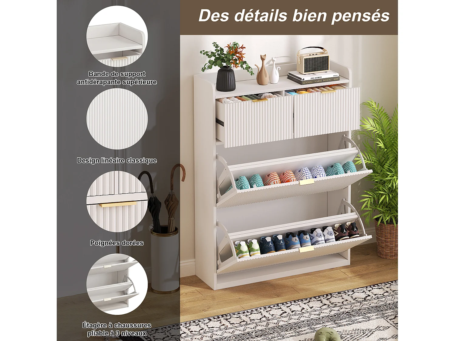 Meuble à Chaussures, avec Pieds en Métal, AVCE tiroirs, Séparateurs Réglables, Blanc, 80 * 24 * 110