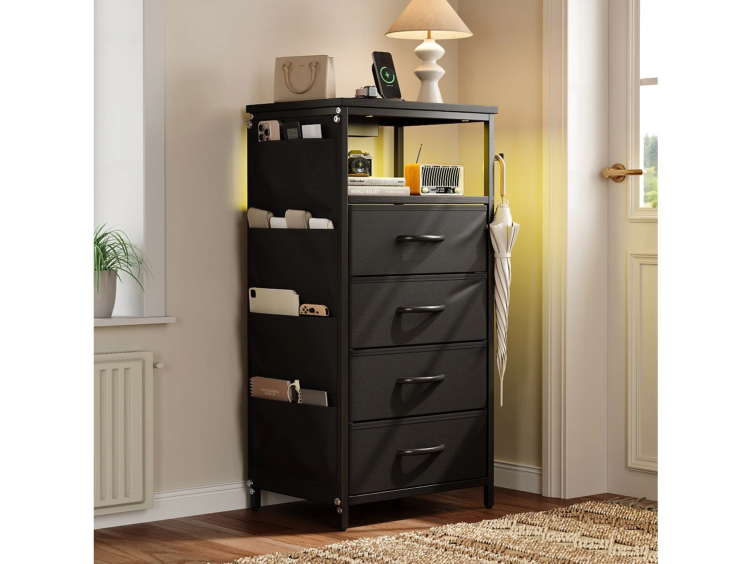 Commode 4 tiroirs en Tissu, Meuble de Rangement avec Poches,  chiffonnier pour Salon, Chambre, Noir