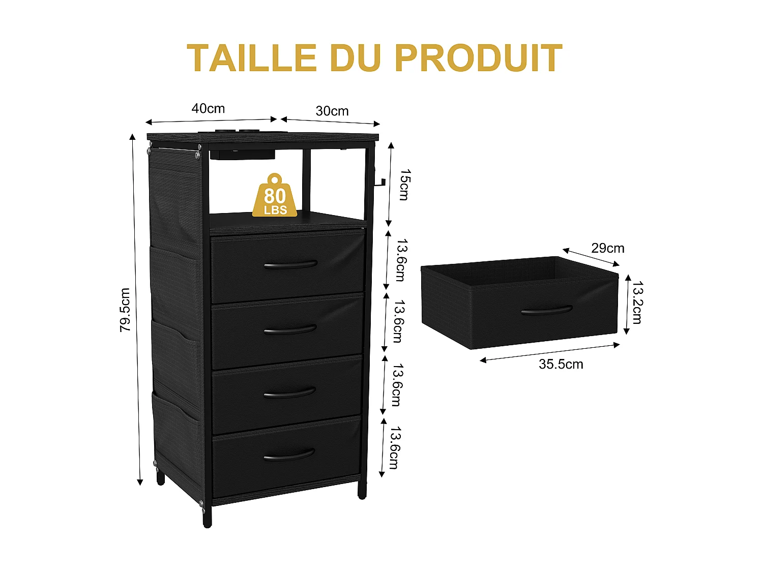 Commode 4 tiroirs en Tissu, Meuble de Rangement avec Poches,  chiffonnier pour Salon, Chambre, Noir