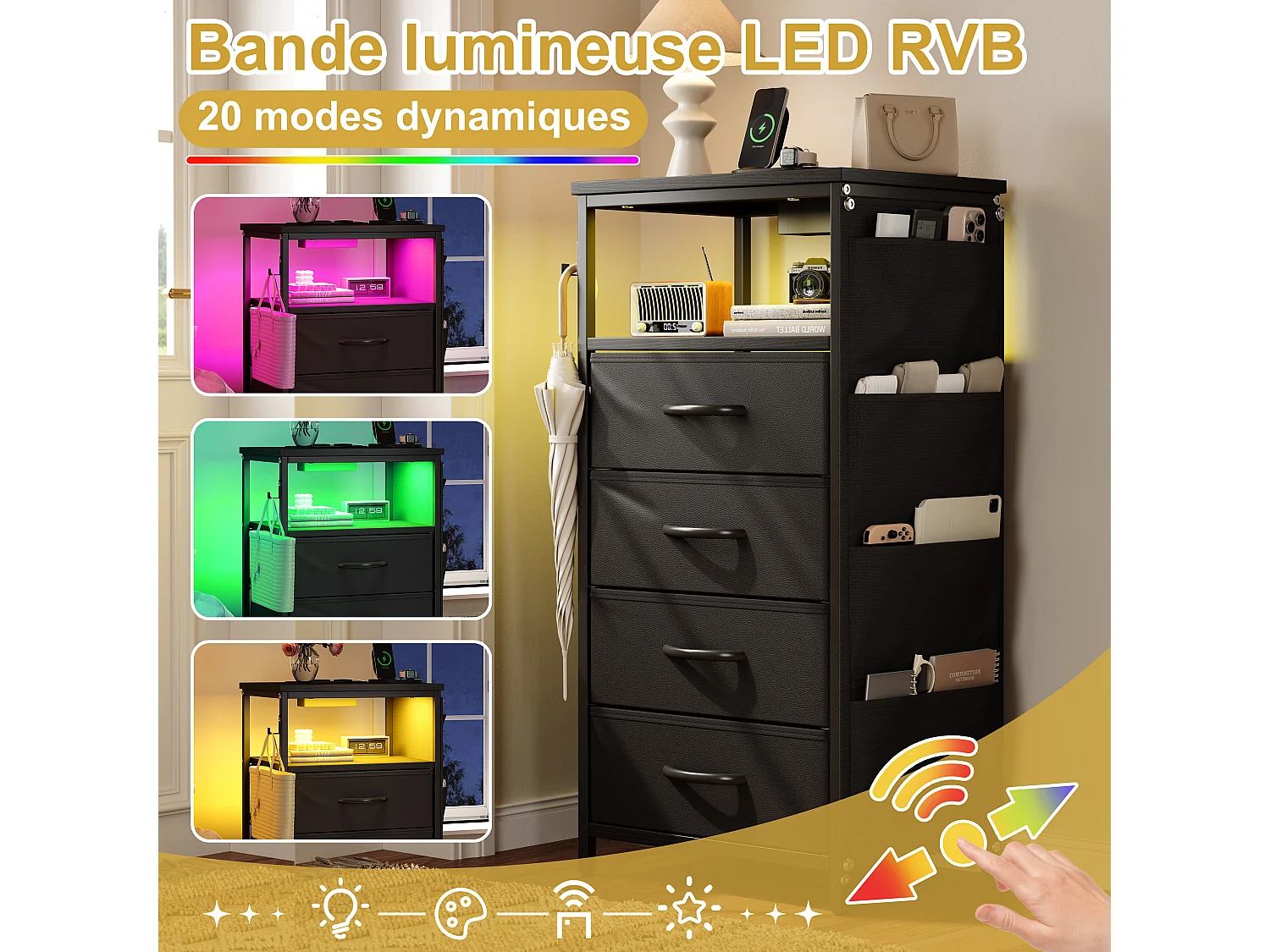 Commode 4 tiroirs en Tissu, Meuble de Rangement avec Poches,  chiffonnier pour Salon, Chambre, Noir