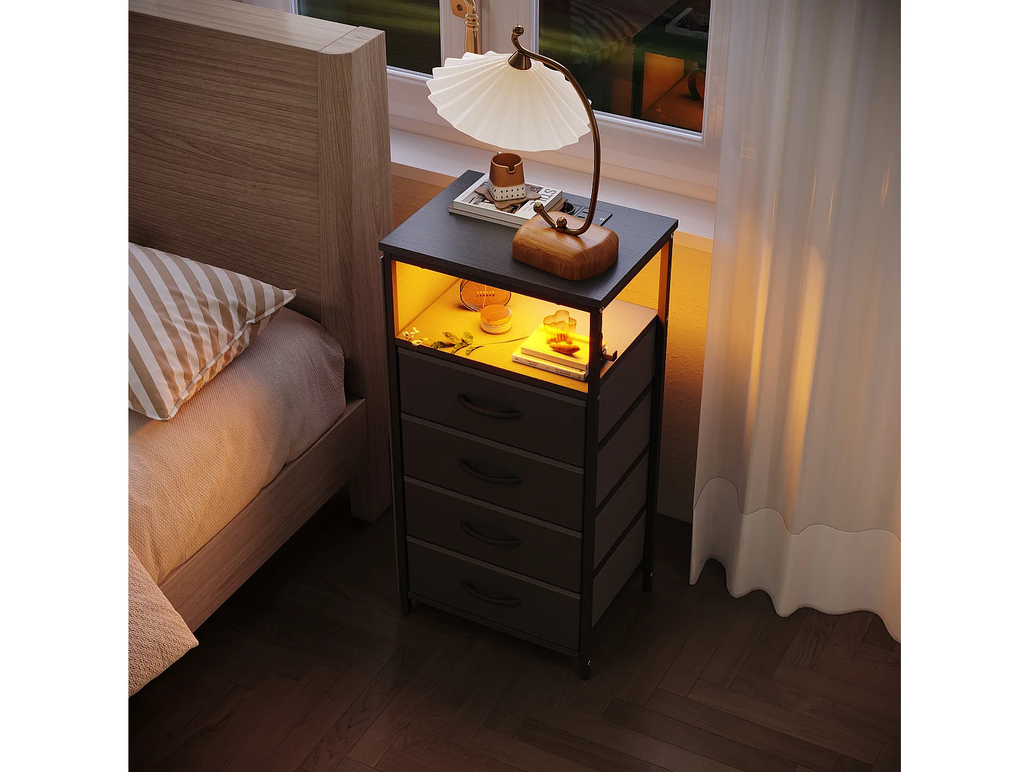 Commode 4 tiroirs en Tissu, Meuble de Rangement avec Poches,  chiffonnier pour Salon, Chambre, Noir