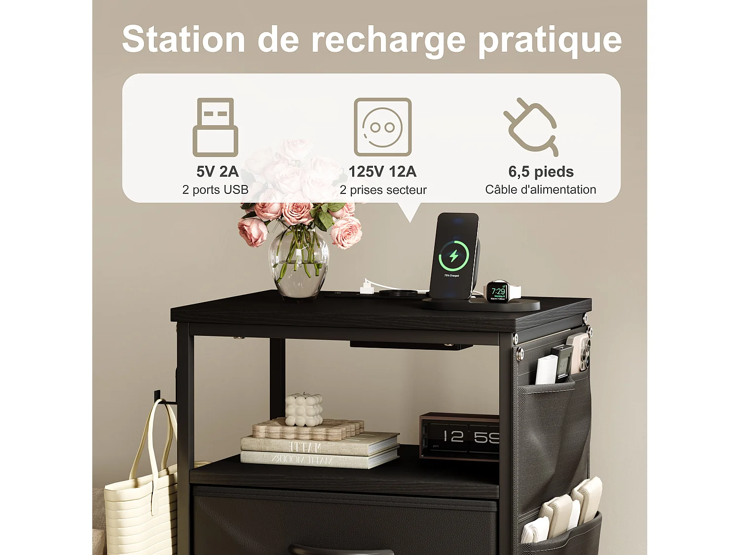 Commode 4 tiroirs en Tissu, Meuble de Rangement avec Poches,  chiffonnier pour Salon, Chambre, Noir