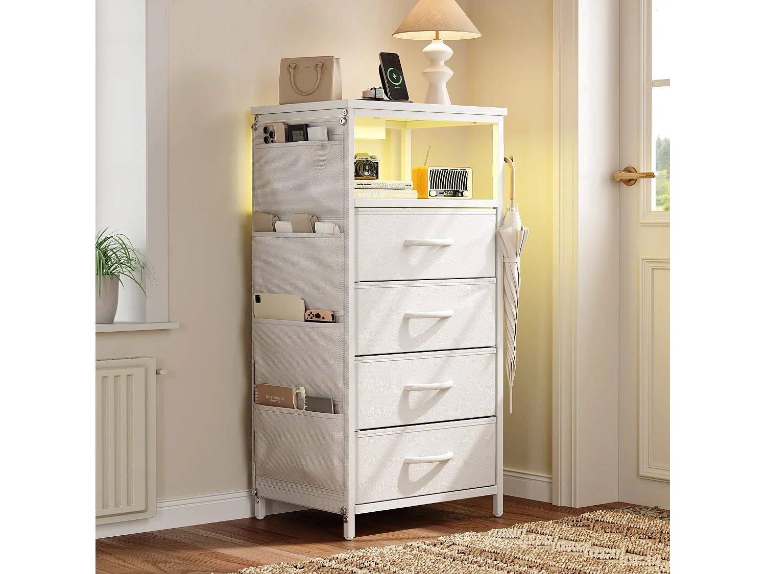 Commode 4 tiroirs en Tissu, Meuble de Rangement avec Poches,  chiffonnier pour Salon, Chambre, Blanc