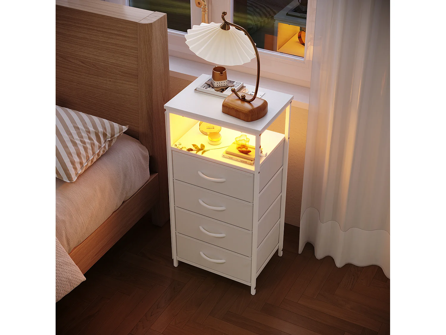 Commode 4 tiroirs en Tissu, Meuble de Rangement avec Poches,  chiffonnier pour Salon, Chambre, Blanc