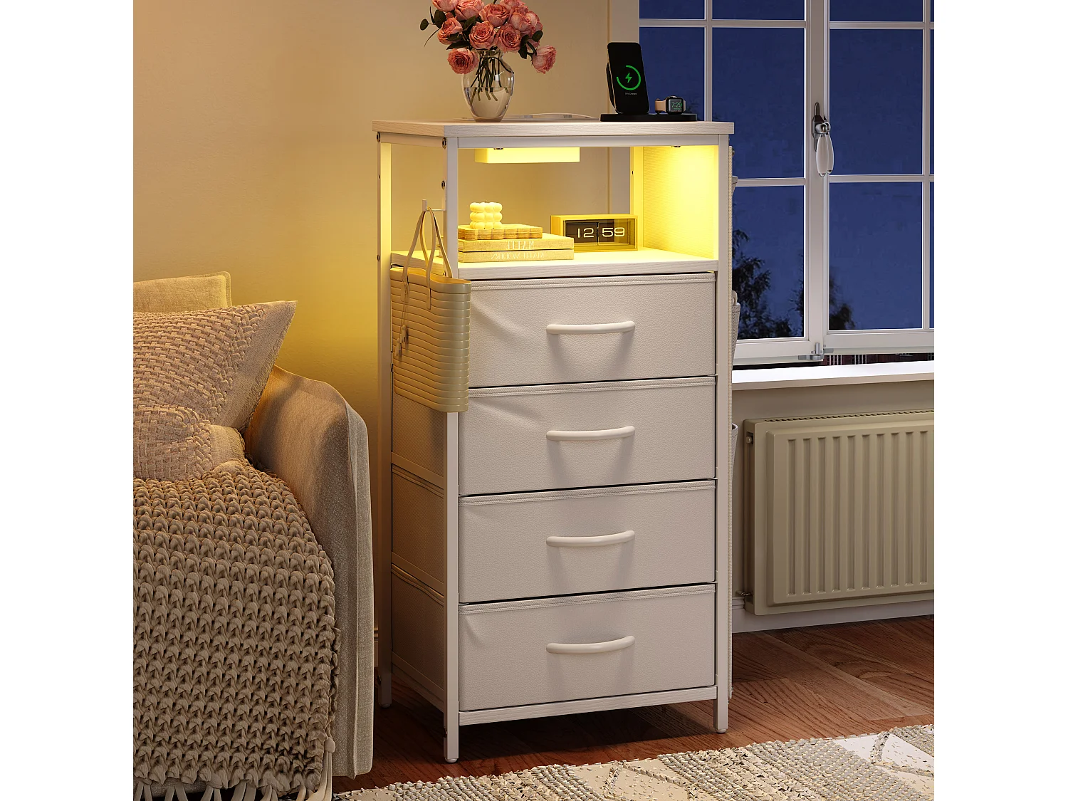 Commode 4 tiroirs en Tissu, Meuble de Rangement avec Poches,  chiffonnier pour Salon, Chambre, Blanc