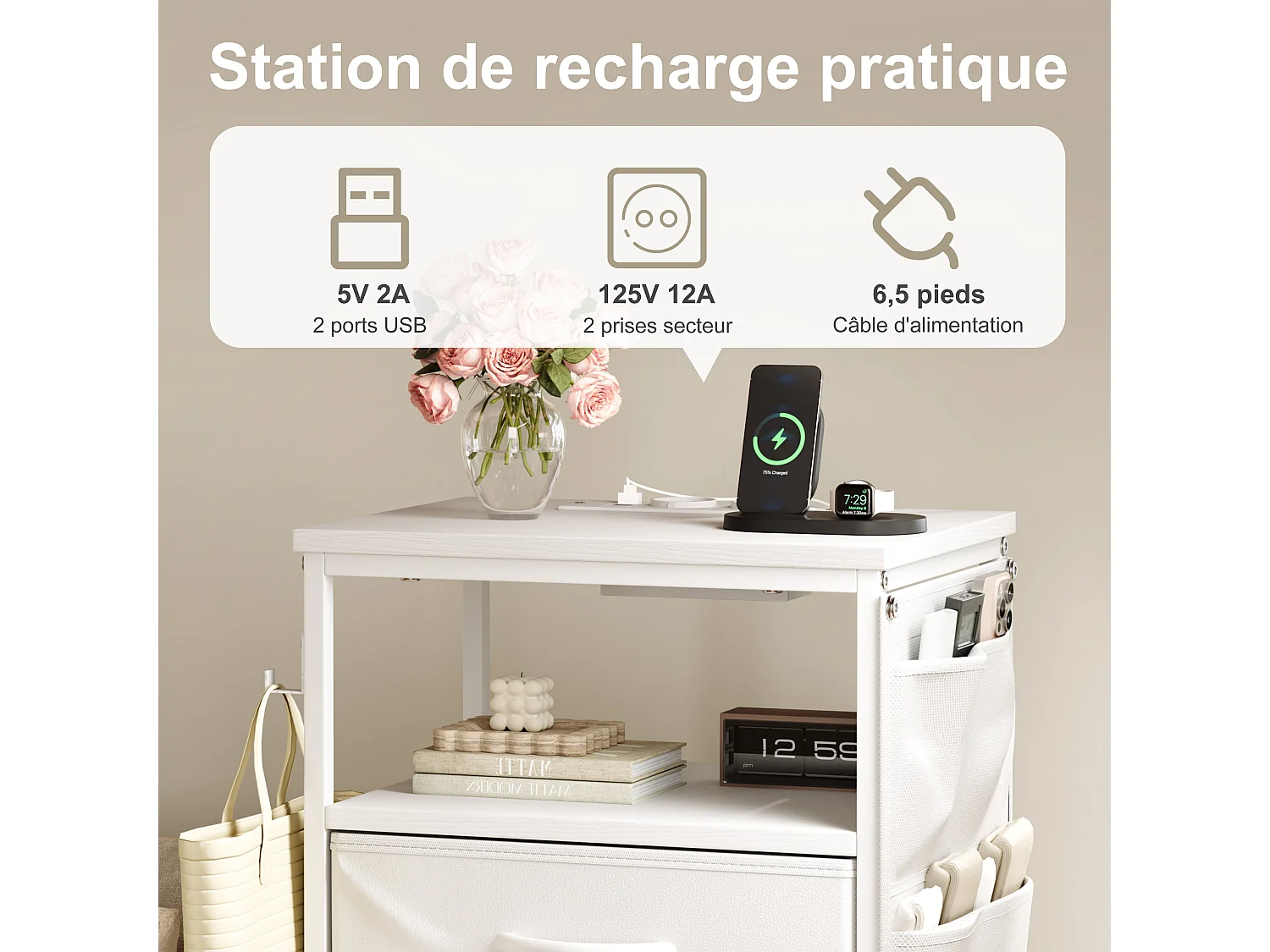 Commode 4 tiroirs en Tissu, Meuble de Rangement avec Poches,  chiffonnier pour Salon, Chambre, Blanc