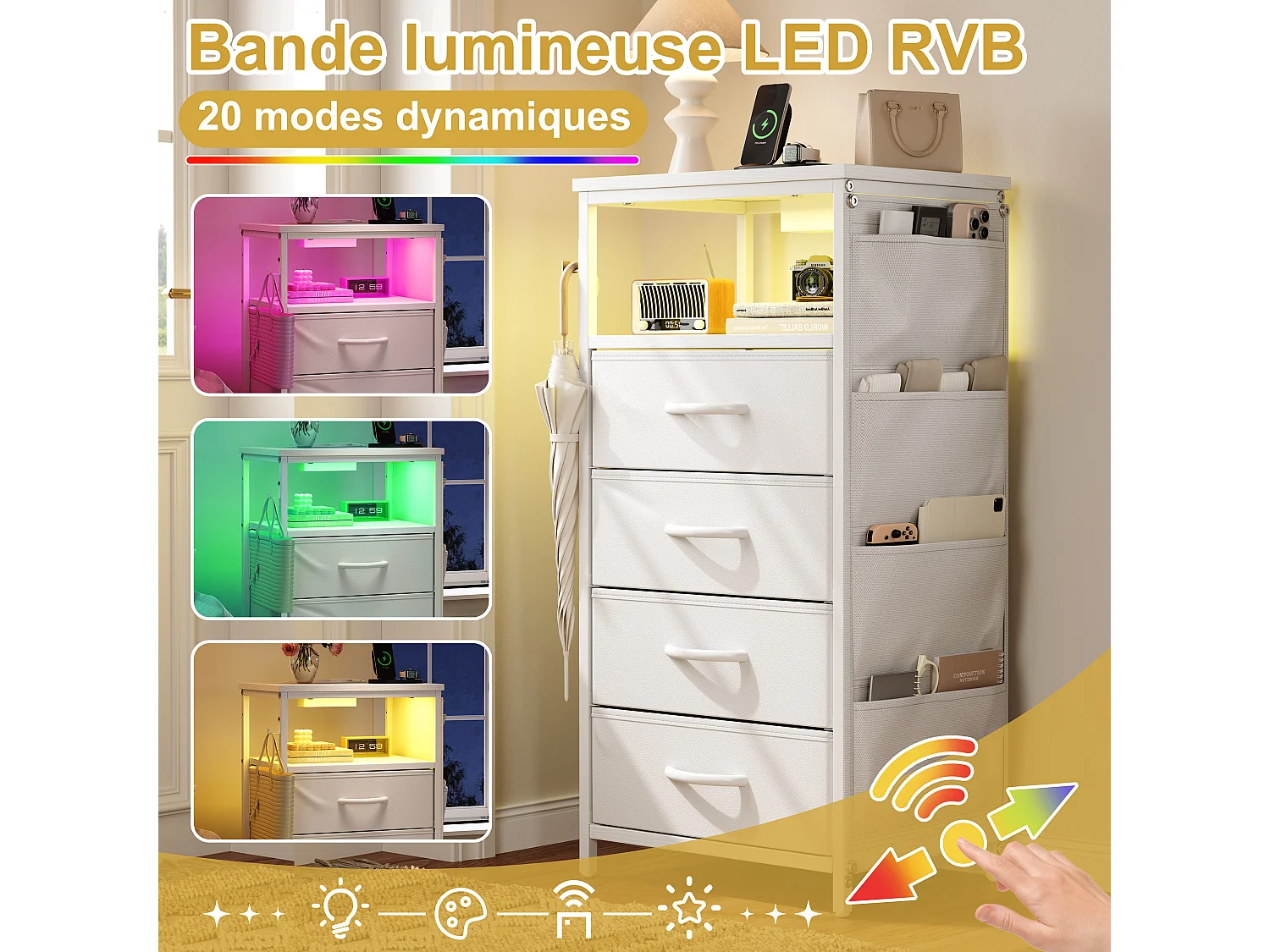 Commode 4 tiroirs en Tissu, Meuble de Rangement avec Poches,  chiffonnier pour Salon, Chambre, Blanc