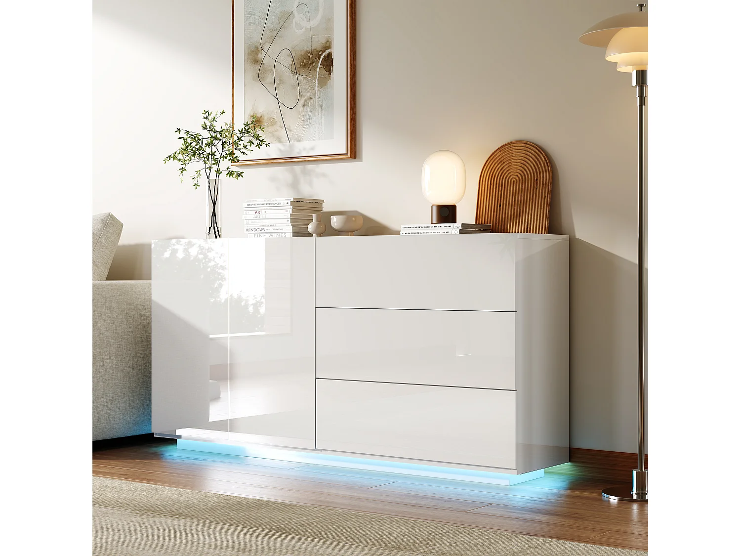 Aparador de cocina/sala de estar de 160 x 35 x 76 cm, con iluminación LED, 2 puertas, color blanco.