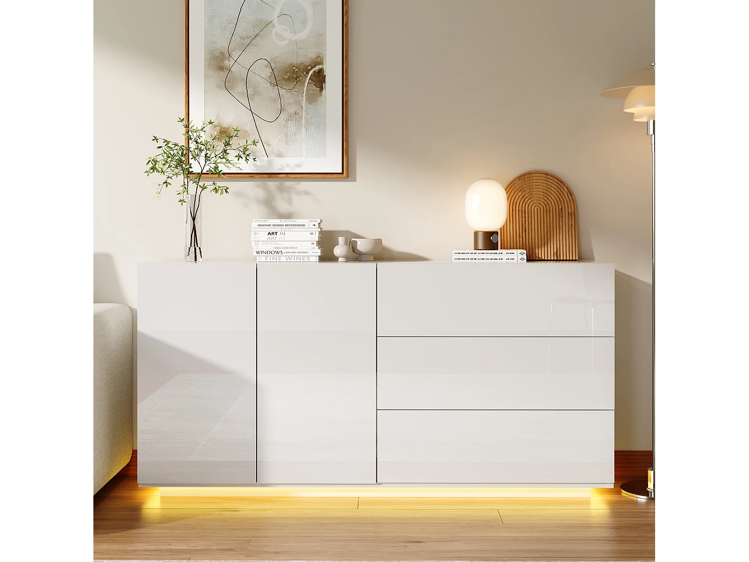 Aparador de cocina/sala de estar de 160 x 35 x 76 cm, con iluminación LED, 2 puertas, color blanco.
