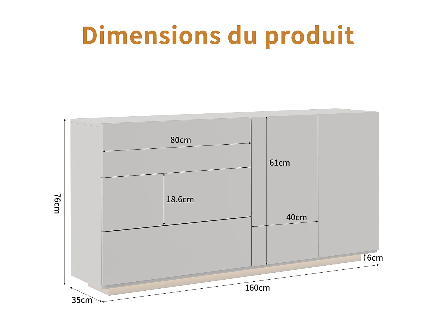 Aparador de cocina/sala de estar de 160 x 35 x 76 cm, con iluminación LED, 2 puertas, color blanco.