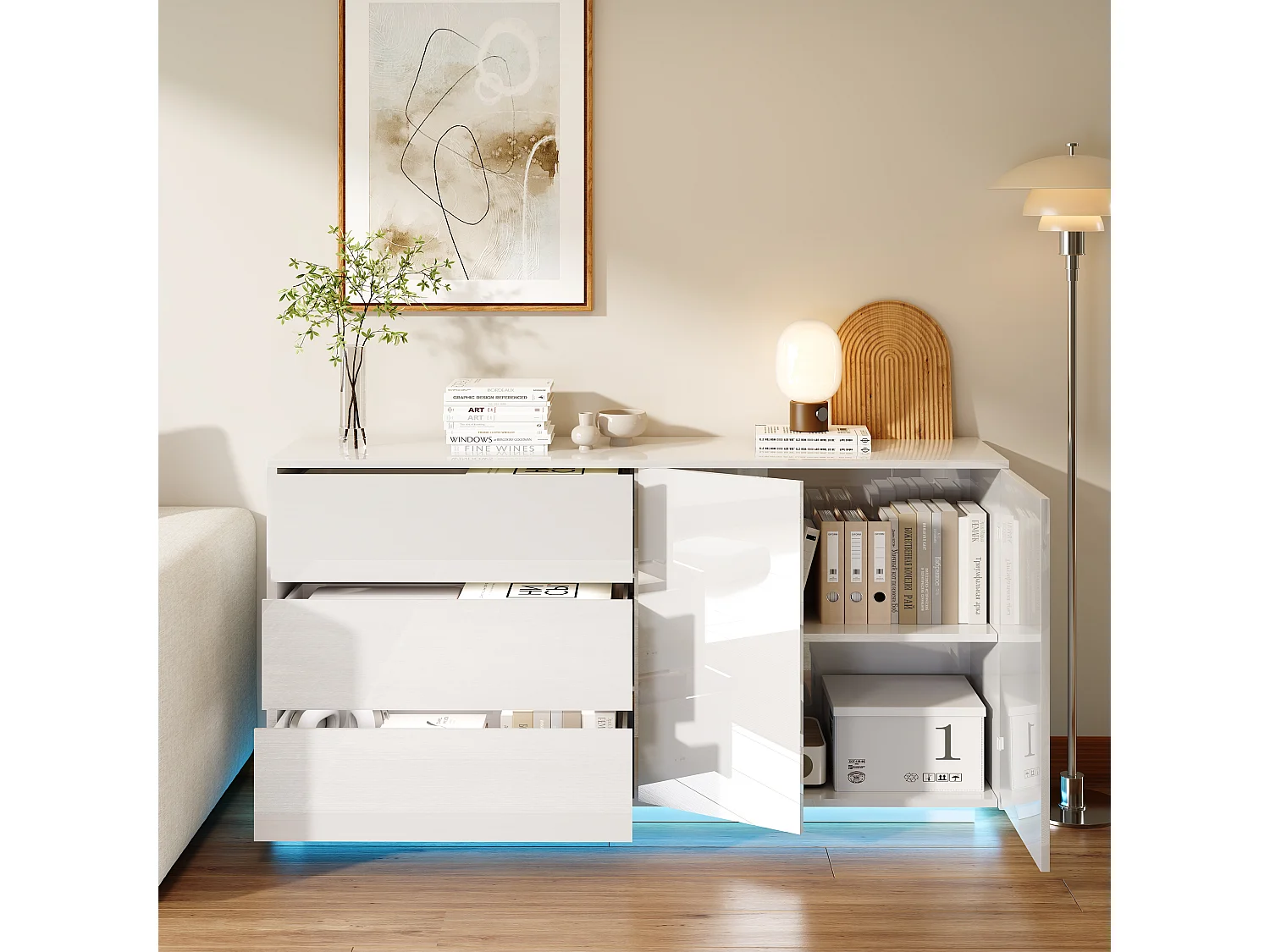 Aparador de cocina/sala de estar de 160 x 35 x 76 cm, con iluminación LED, 2 puertas, color blanco.