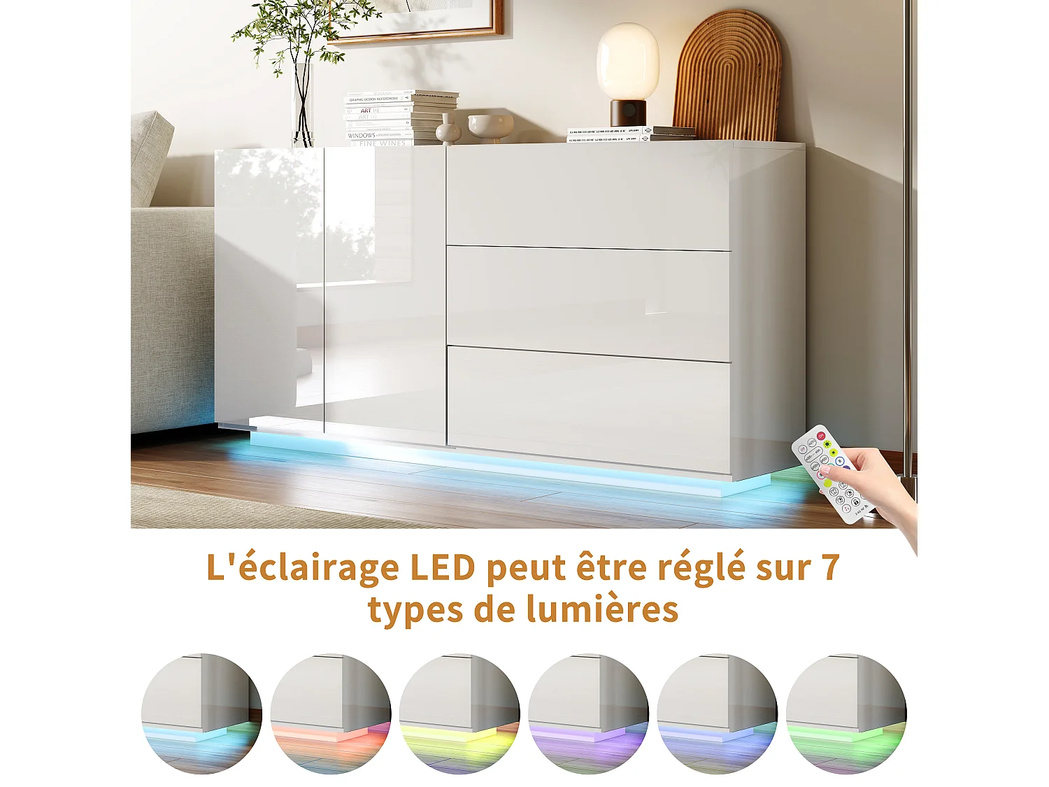 Aparador de cocina/sala de estar de 160 x 35 x 76 cm, con iluminación LED, 2 puertas, color blanco.