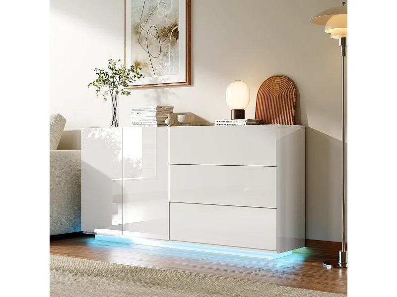 Aparador de cocina/sala de estar de 160 x 35 x 76 cm, con iluminación LED, 2 puertas, color blanco.