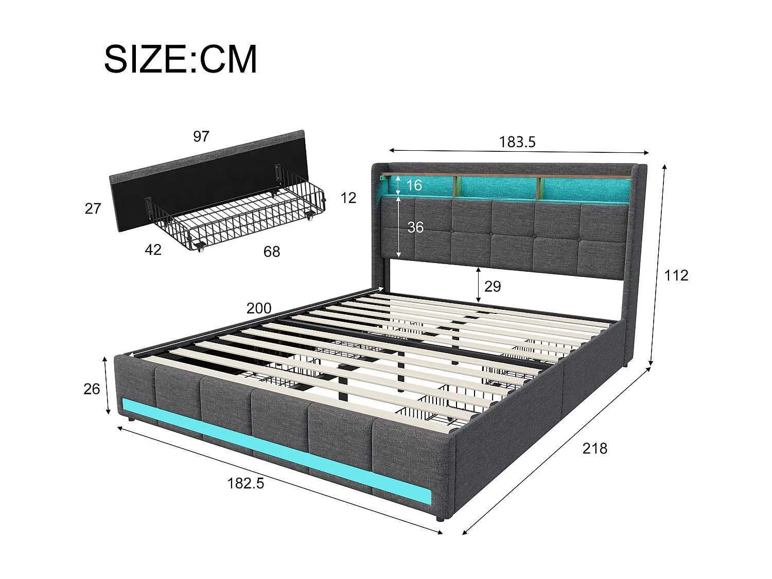 Lit Double 180 x 200 cm avec Sommier, LED et USB, 4 Tiroirs et Tête de Lit de Rangement, Lin, Gris