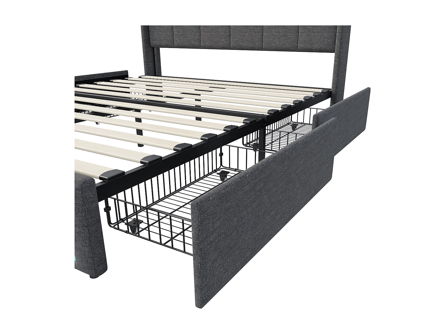 Lit Double 180 x 200 cm avec Sommier, LED et USB, 4 Tiroirs et Tête de Lit de Rangement, Lin, Gris