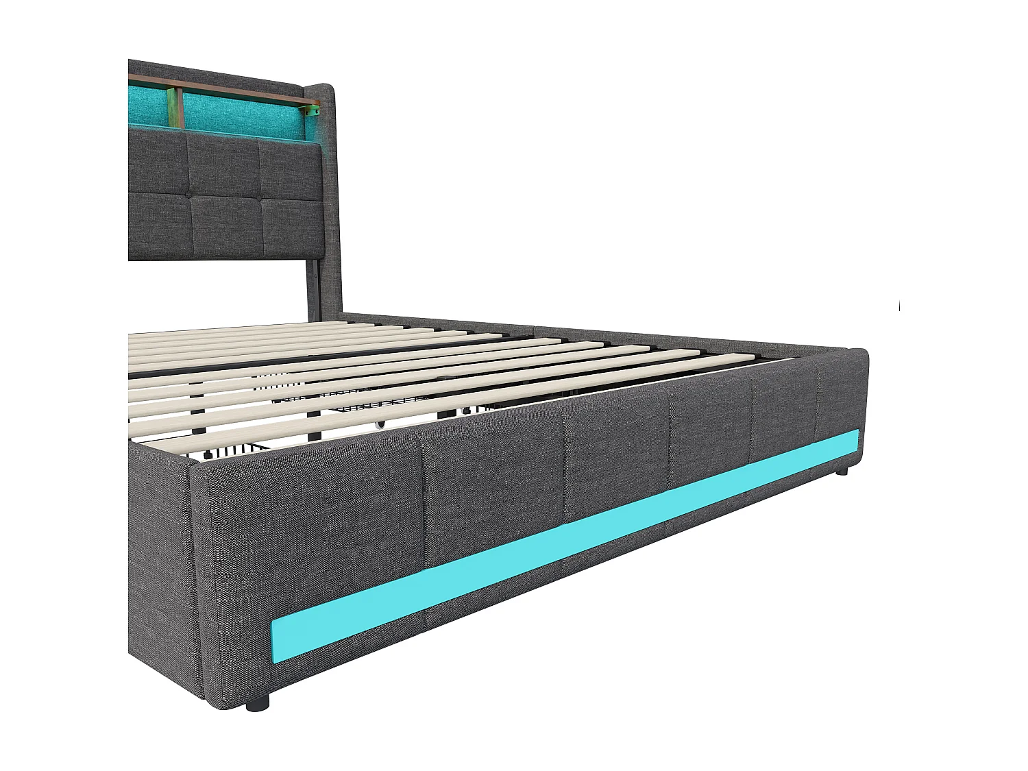 Lit Double 180 x 200 cm avec Sommier, LED et USB, 4 Tiroirs et Tête de Lit de Rangement, Lin, Gris