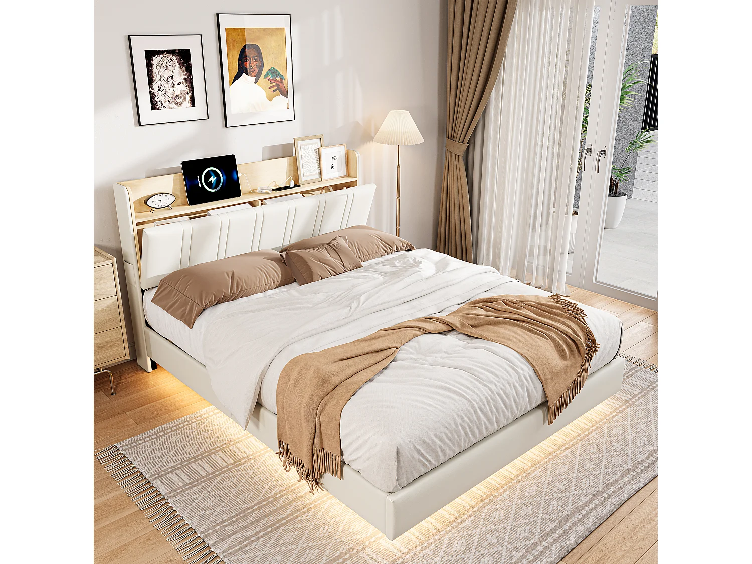 Lit Double Rembourré 140 x 200 cm avec LED, avec Sommier et 2 Prises & USB, sans Matelas, Blanc