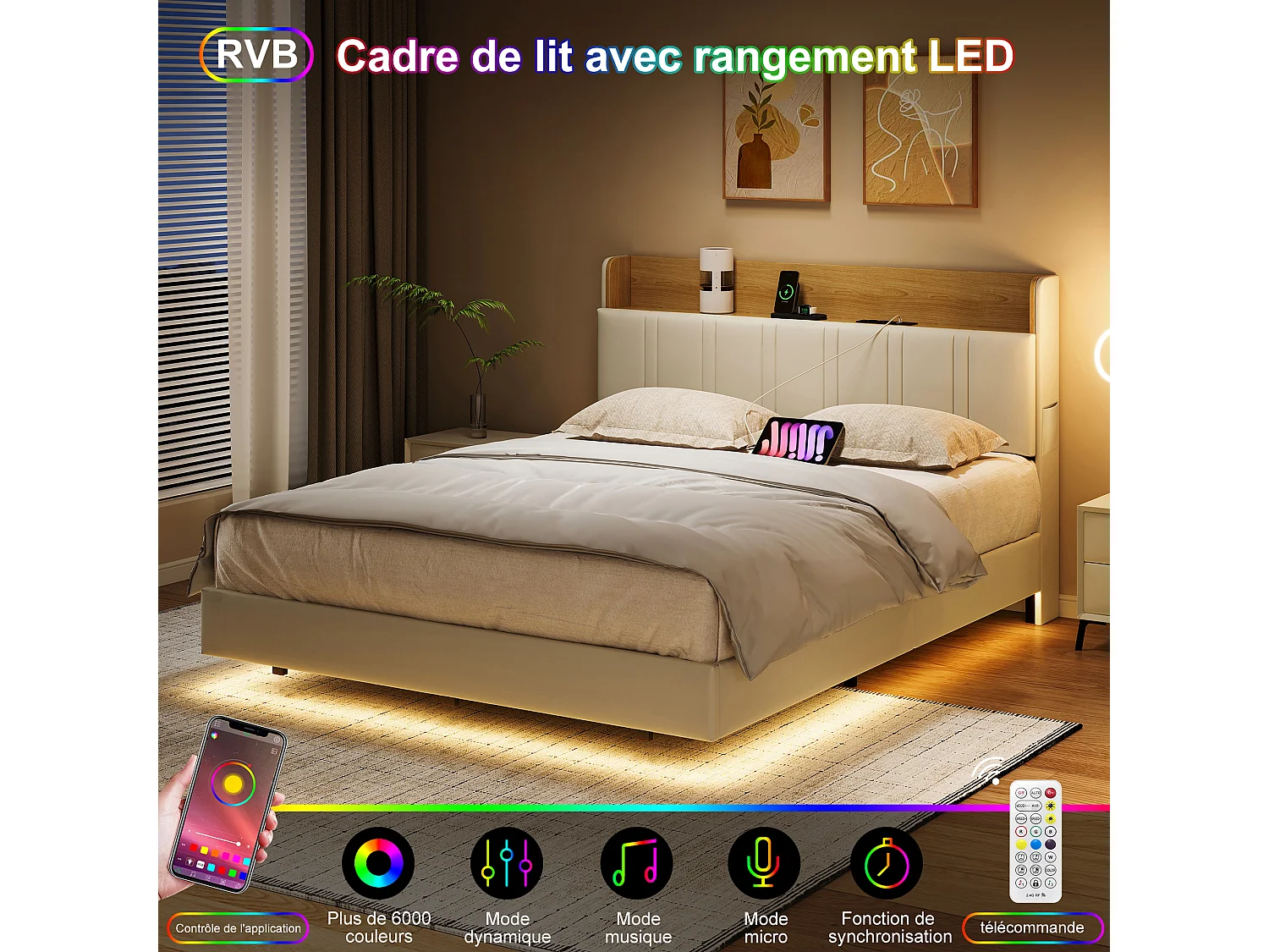 Lit Double Rembourré 140 x 200 cm avec LED, avec Sommier et 2 Prises & USB, sans Matelas, Blanc