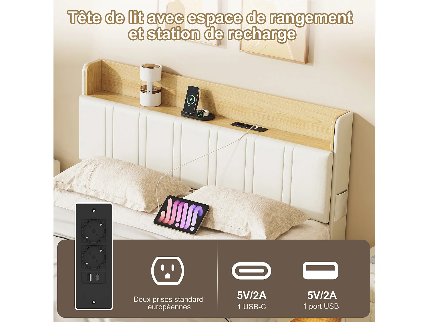 Lit Double Rembourré 140 x 200 cm avec LED, avec Sommier et 2 Prises & USB, sans Matelas, Blanc