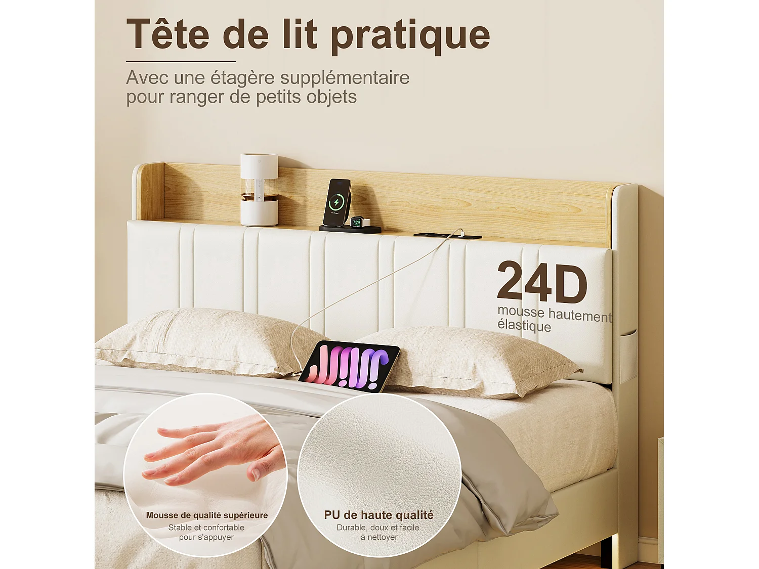 Lit Double Rembourré 140 x 200 cm avec LED, avec Sommier et 2 Prises & USB, sans Matelas, Blanc