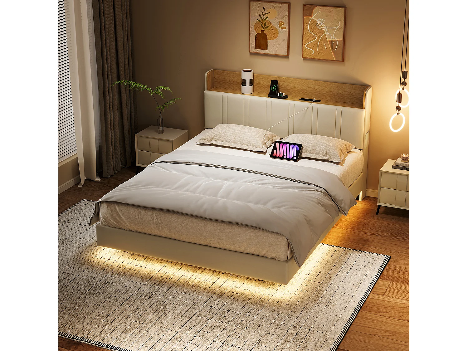 Lit Double Rembourré 140 x 200 cm avec LED, avec Sommier et 2 Prises & USB, sans Matelas, Blanc