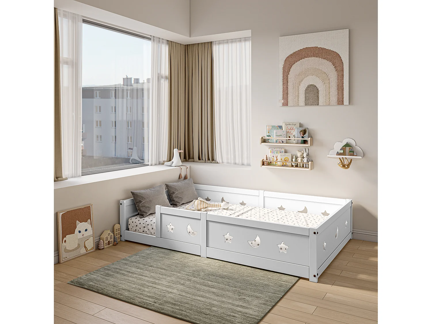 Lit Enfant 120x200 cm en pin Massif, avec sommier à Lattes, avec Motif étoiles et Lune, Blanc