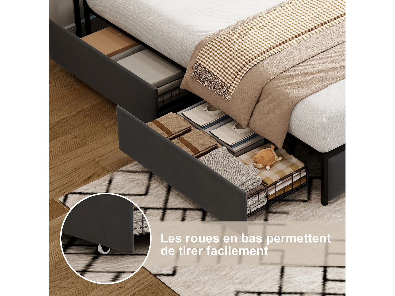 Bed 160x200 cm met LED en USB lattenbodem, gestoffeerd met 3 laden, hoofdbord met opbergruimte, fluweel, grijs