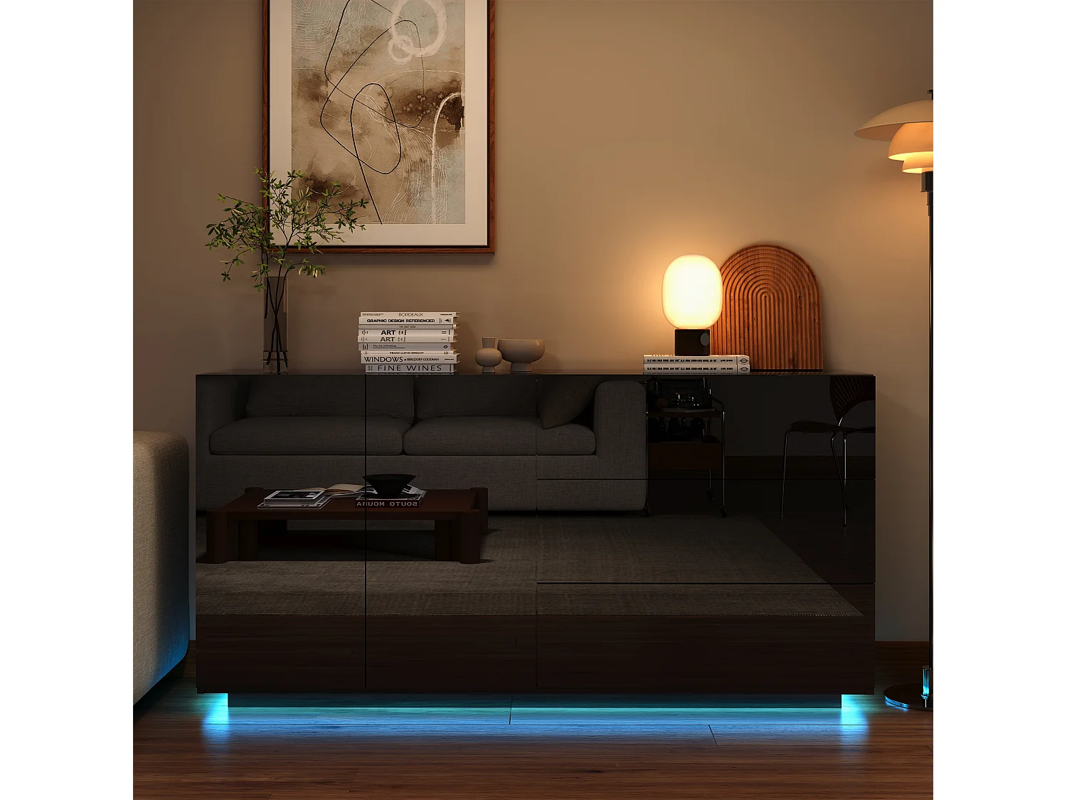 Keuken/Woonkamer Buffet 160 x 35 x 76 cm, Eetkamer Buffet, LED-verlichting, 2 deuren, voor Woonkamer, Zwart