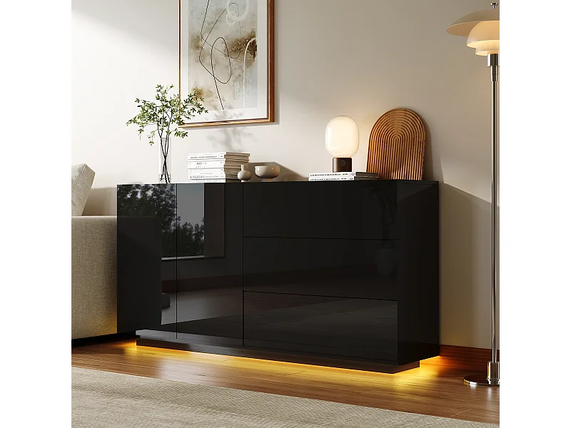 Keuken/Woonkamer Buffet 160 x 35 x 76 cm, Eetkamer Buffet, LED-verlichting, 2 deuren, voor Woonkamer, Zwart